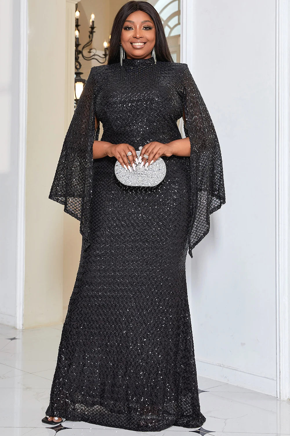 Maxy Plus Size Evening Dress Black Prom Split Sleeve Sequin Maxy Dresses Party Club Bodycon Slim Cocktail Long Dress for Women