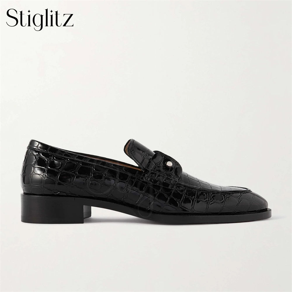 Visco Embellished Croc-Effect Leather Derby Shoes Metallic Fastener Loafers Luxury Designer Style Handmade Men's Shoes Latest Arrivals