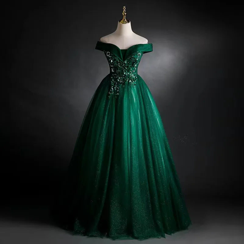 Maxy Dark Green Mexican Quinceanera Dresses Ball Gown Off the Shoulder Sequined Beading Tulle Birthday Vestidos De XV Anos Ball Gowns