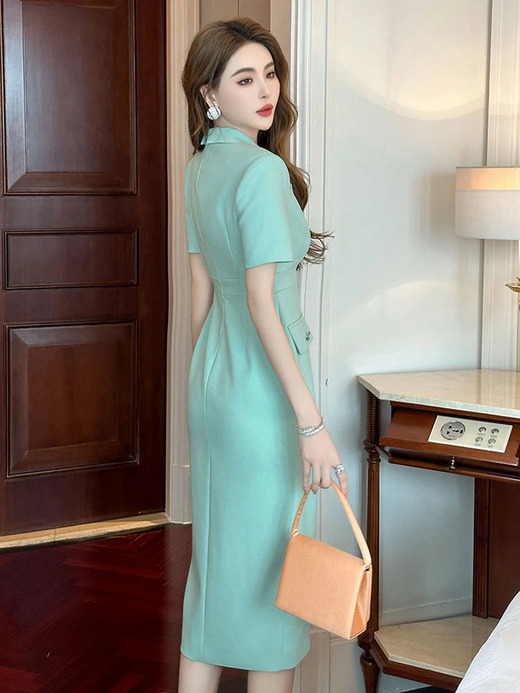 Summer Fashion Solid Simple Business Formal Dress Women Clothes Mujer Elegant Office Classic Short Sleeve Slim Slit Midi Vestido