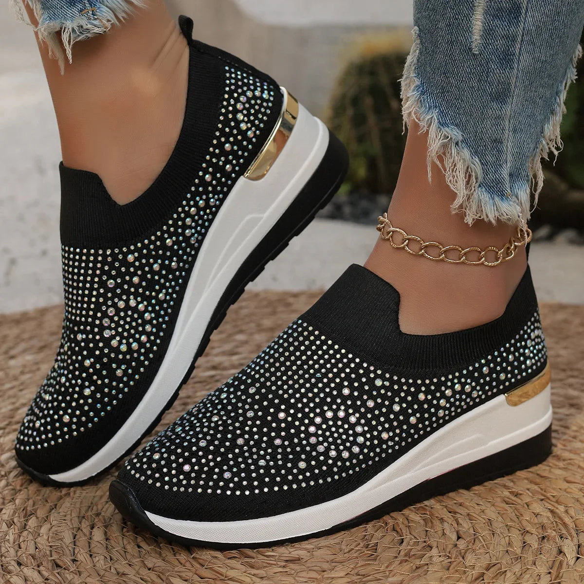 Visco Orange Rhinestone Casual Sneakers Breathable Wedge Women Lightweight Shoes Slip On New Comfortable Spring Mesh Sports Shoes