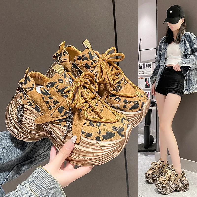 Babs High Platform Sneakers 8CM Wedge Heels Leather Walking Shoes Woman New Autumn Leopard Vulcanize Shoes Female Chunky Sneakers