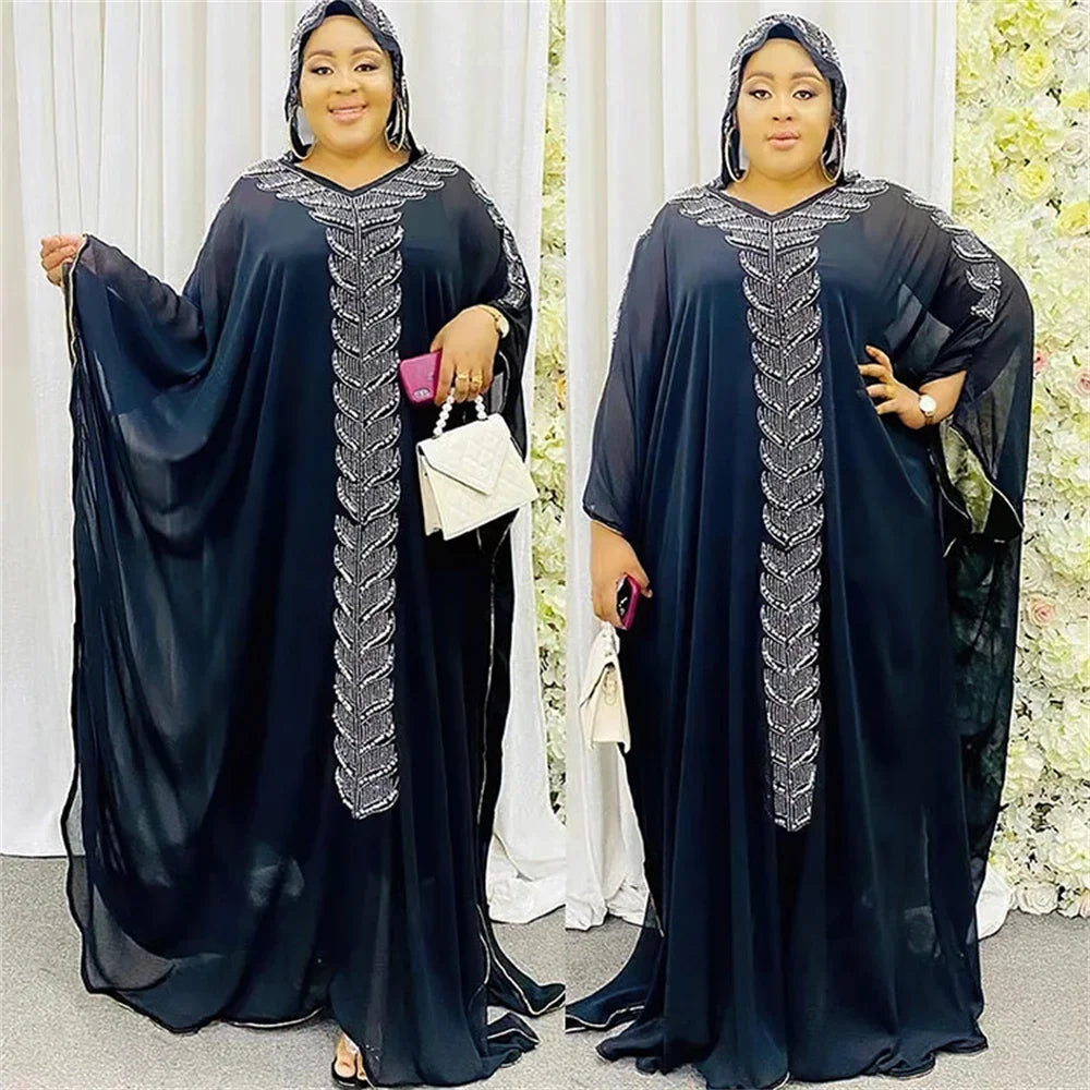 Maxy Luxury Women Chiffon Diamond African Dashiki Boubou Long Maxy Dress Turkey Dubai Arab Kaftan Eid Hooded Robe Morocco Gown