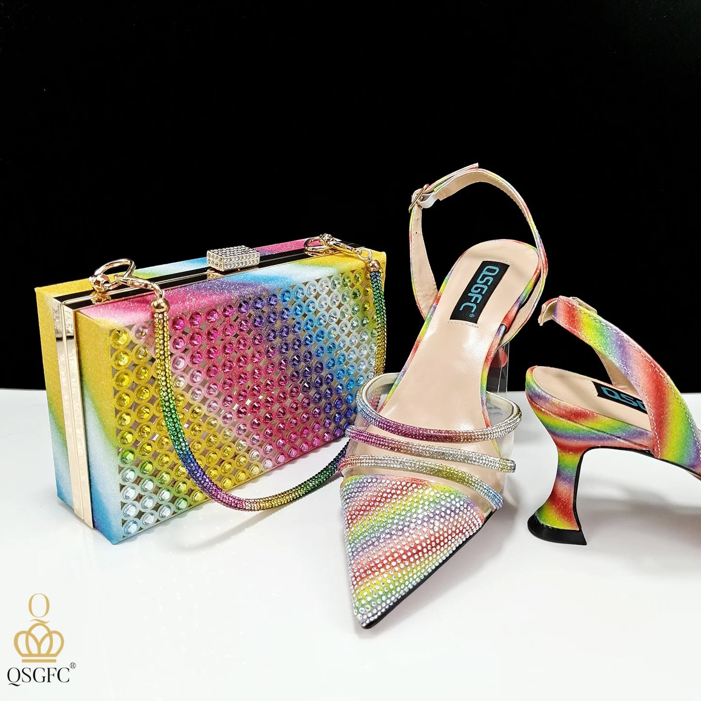 New Maxy Design Simple and Elegant Colorful Rhinestones Rainbow Color Women's Shoes and Party Wedding Bags