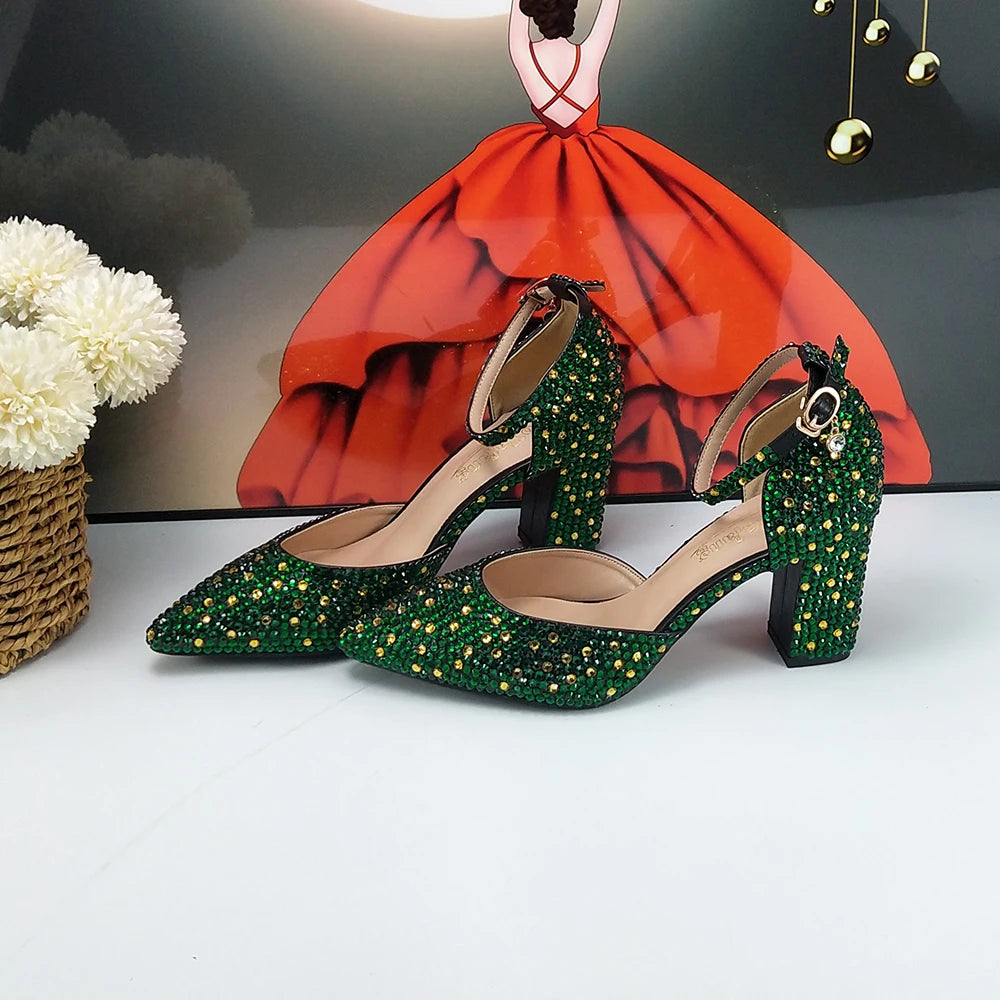 Maxy Green Crystal Bridal Wedding shoes and bag Woman Thin Heel High Pumps Party Evening Shoes Shallow Ankle Strap Buckle shoe