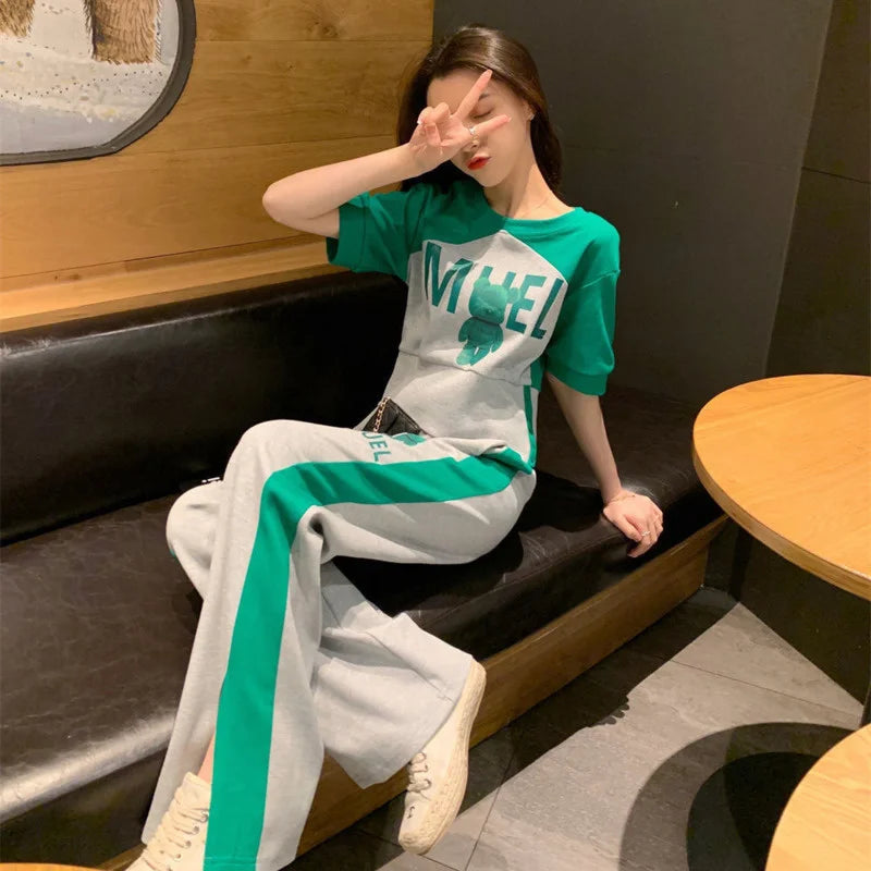 Amay Women's Sweat Suit Spring Summer New Fashion Korean Short Sleeved T-shirt Tops Pants 2 Two Piece Set Female Casual Clothes