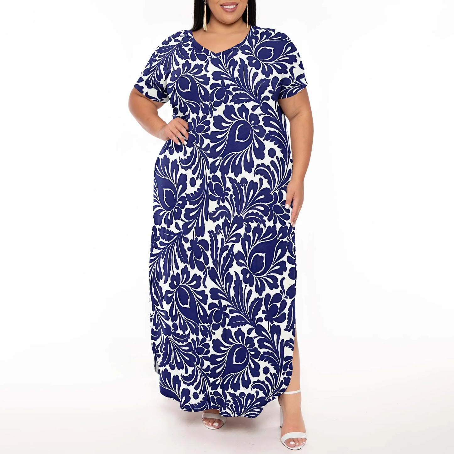 Maxy Plus Size V-Neck Short Sleeve Dress Navy White Stripe Scroll Print Elegant Summer Wear