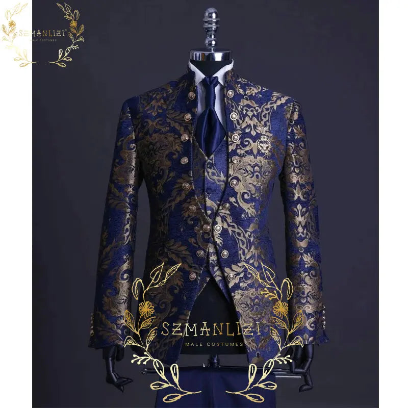 Visco Handsome Blue Gold Floral Rim Stage Men Suit Set Stand Collar Men's Suits (Jacket+pants+vest)