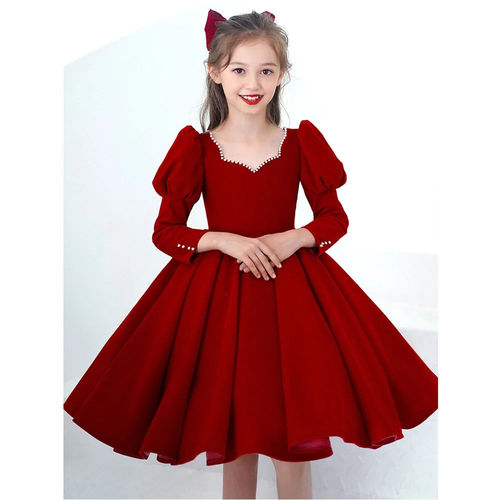 Maxy Princess Noble Princess Evening Dress Mesh Solid Red Ball Gown Children Christmas Party Dress Flower Girl Wedding Dress for 2-10 Year Kid