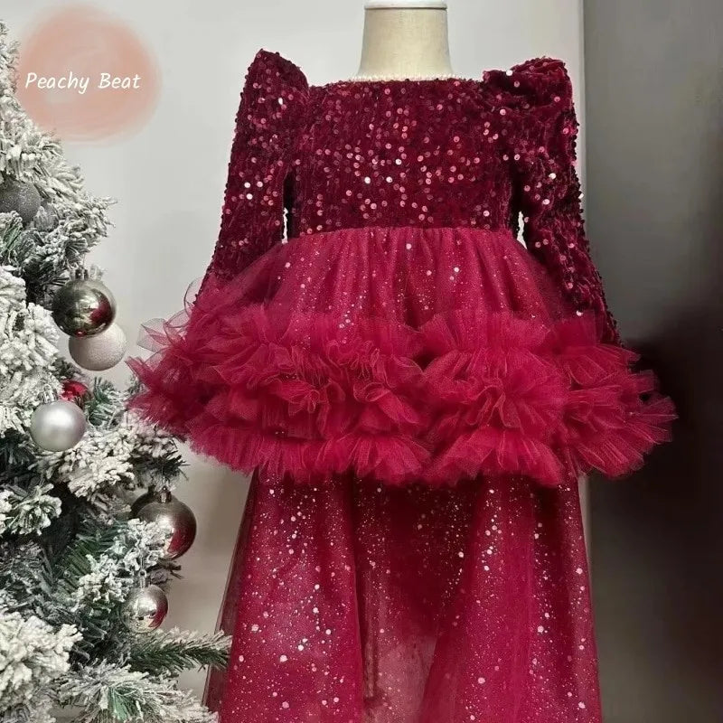 Maxy Baby Girl Princess Christmas Sequins Tutu Dress Long Sleeve Infant Toddler Child Tulle Vestido Birthday Party Baby Clothes 1-12Y