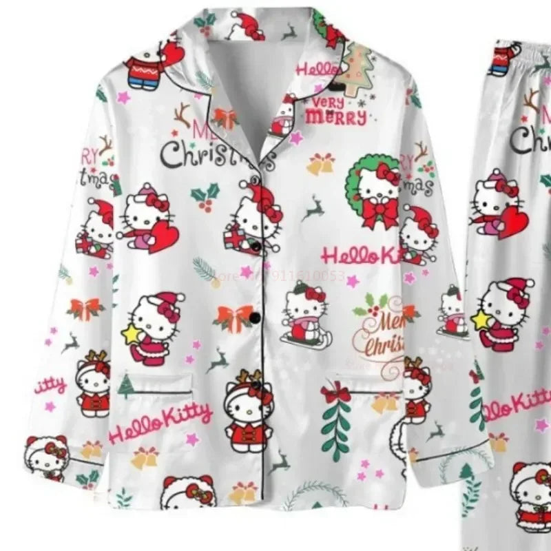 Sanrio Christmas Hello Kitty Casual Pajama Girls Y2k Home Pajamas Set Kawaii Women'S Printed Kt Cat Pants Long Sleeve Gift