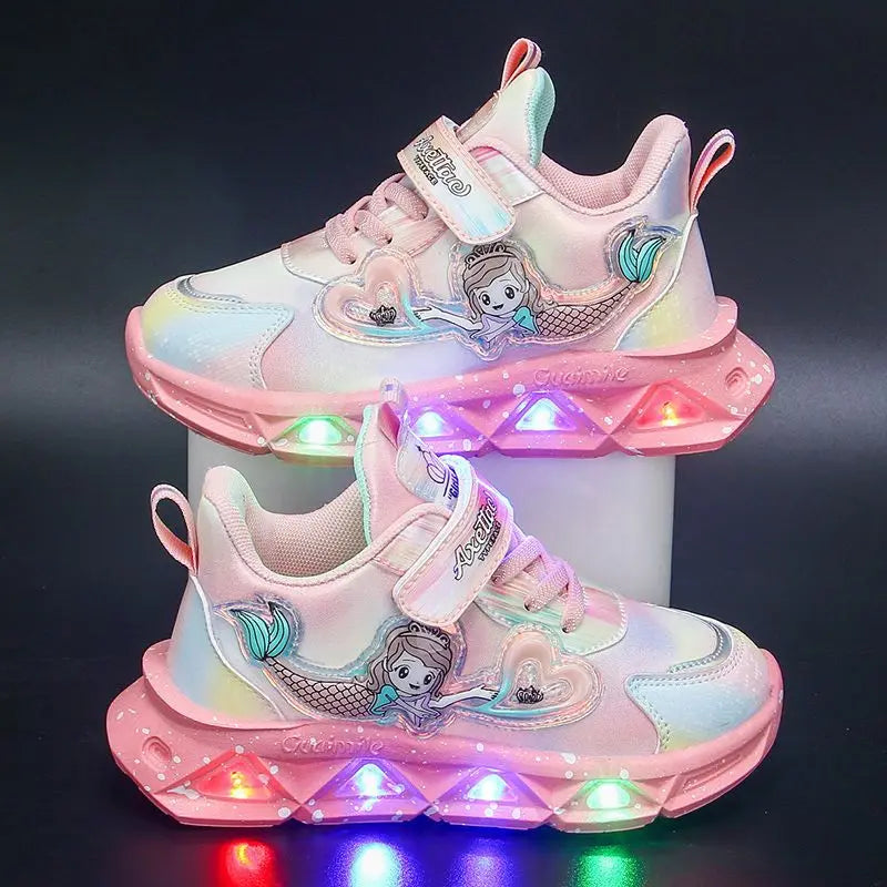 Maxy Children's Sports Shoes with Lights Cute Cartoon Mermaid Girls Sneakers Led Luminous Light Running Shoes Leather Toddler Shoes