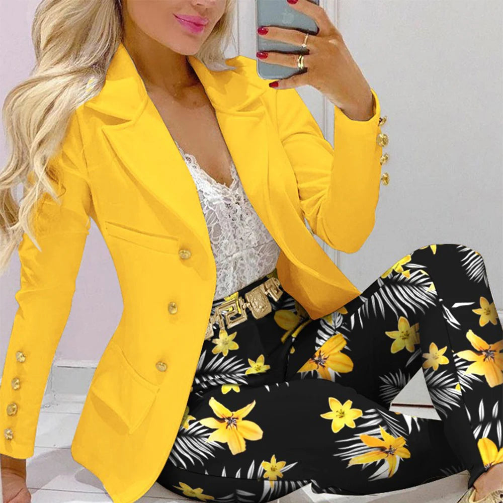 Maxy Fashion Butterfly Print Blazer Suit and Pants Two Piece Set for Women Autumn Winter Outfit Office Lady Casual Clothing