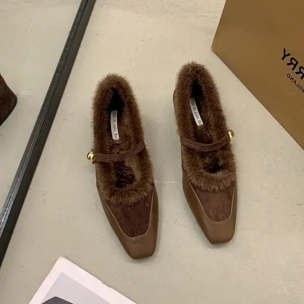 Amay Korean Shoes Loafers Fur Square Toe Autumn New Winter Fall Mary Janes Hook & Loop Fashion Women Shoes Autumn Loafers Fur Mo