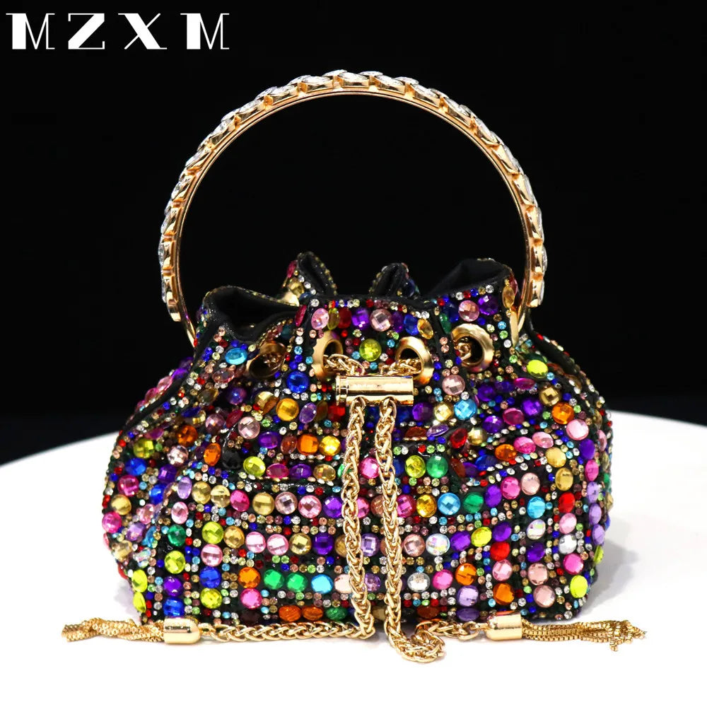 Maxy New Rhinestones Women Evening Bags Bucket Design Party Day Clutch Soft Mixed Color Shoulder Chain Handbags Purse
