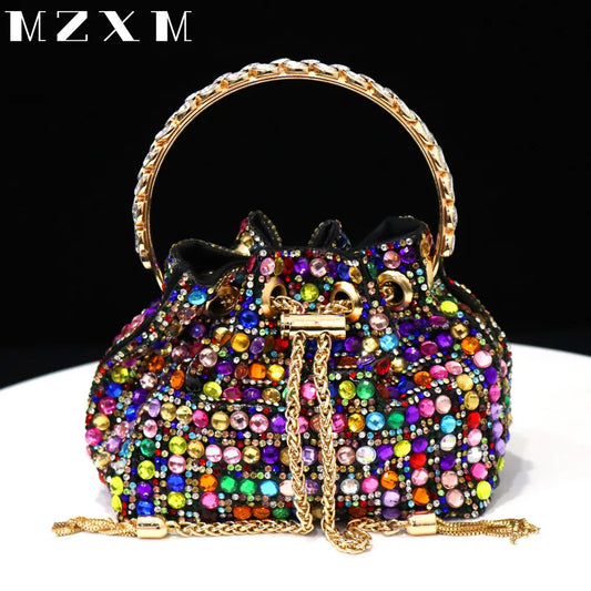 Maxy New Rhinestones Women Evening Bags Bucket Design Party Day Clutch Soft Mixed Color Shoulder Chain Handbags Purse