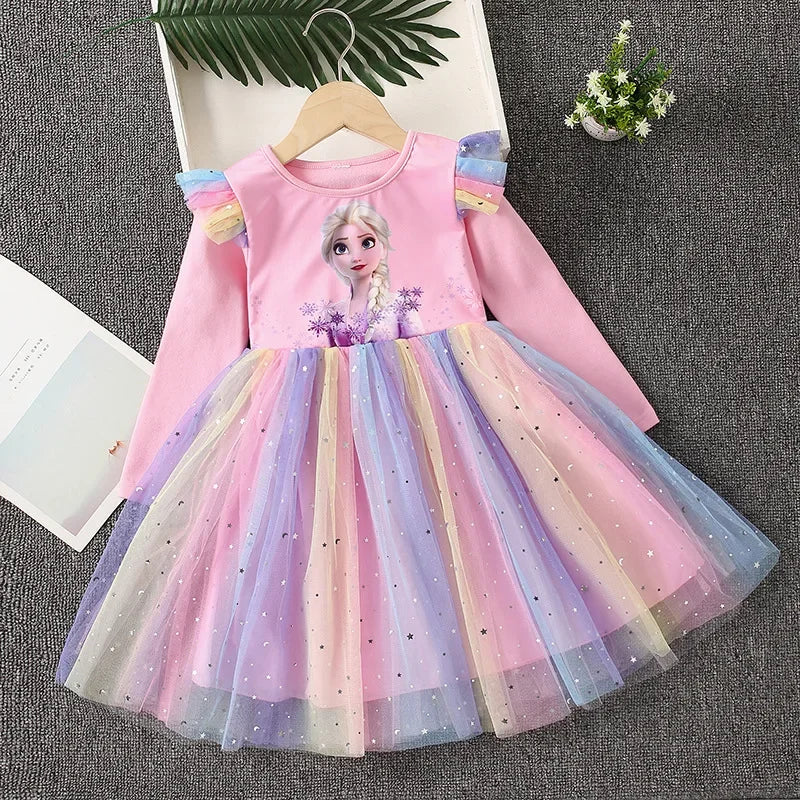 Maxy Disney Elsa Princess Dress Girl Dress Up Spring Autumn Long-sleeve Clothes Kids Gauzed Children Frozen Elsa Birthday Party Dress