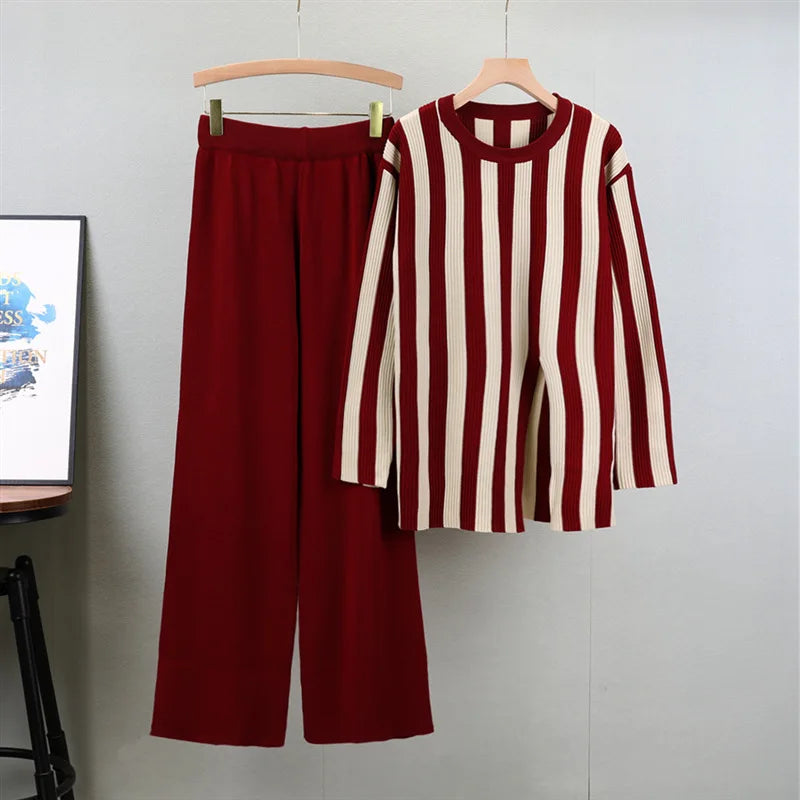 Two Piece Sets Muslim Women Knitting Ensemble Pullover Stripe Split Sweater Wide Leg Pants Suit Knitwear Femme Arabic Tracksuit