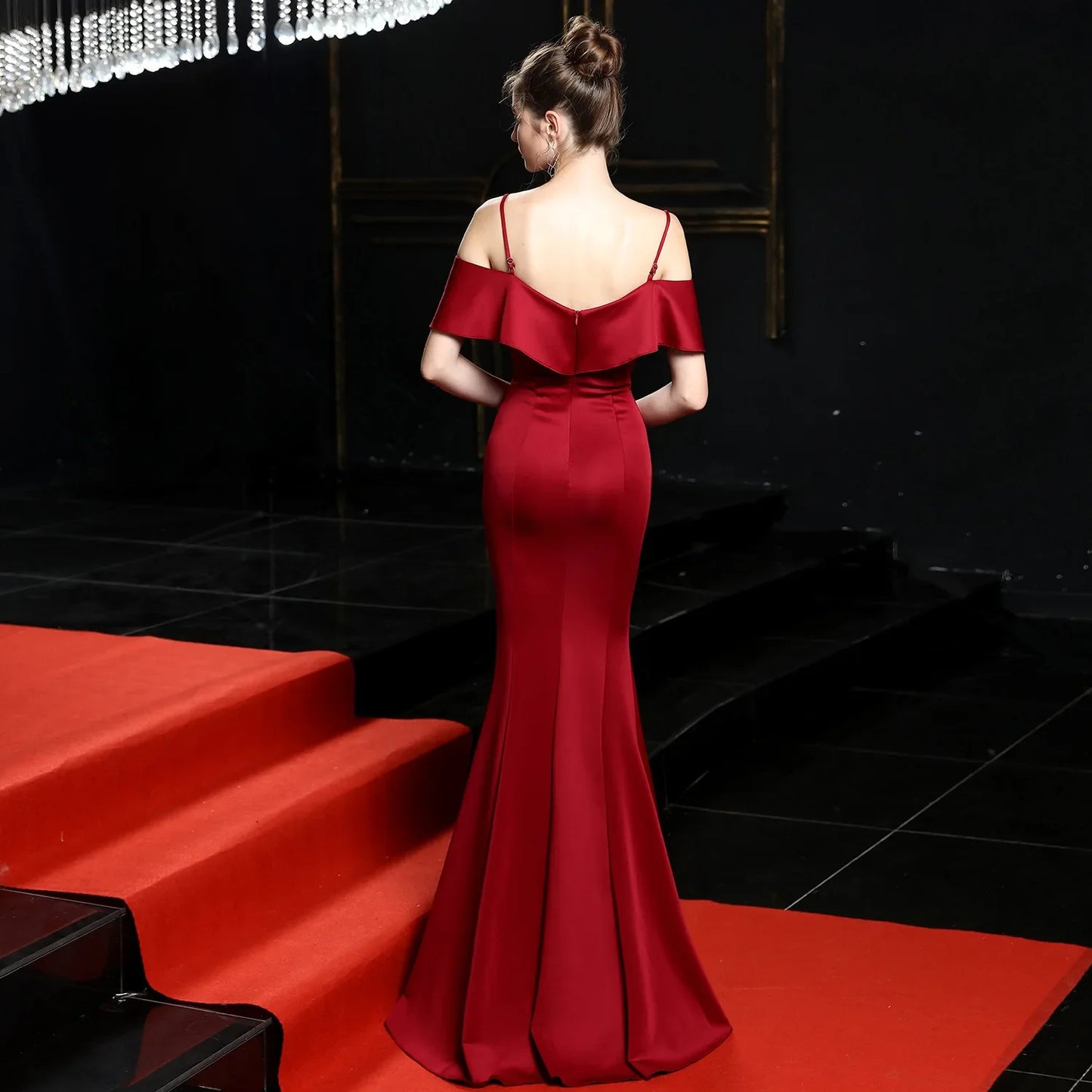 Maxy Evening Dresses Burgundy Stretchy Spaghetti Straps Ruffles Zipper Mermaid Trumpet Floor Length Women Party Formal Gowns YE135