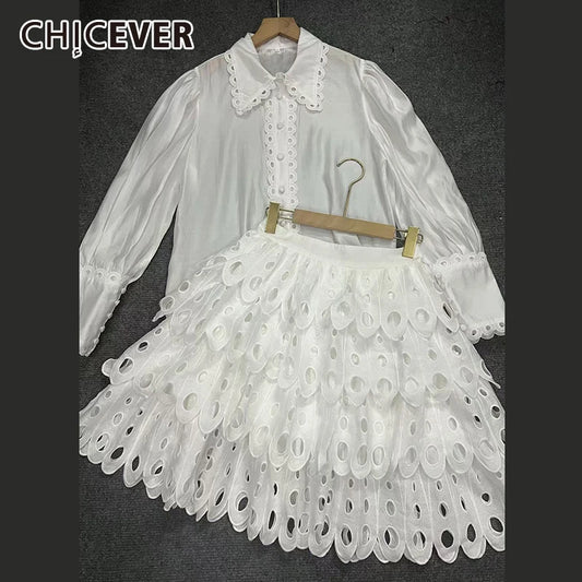 Maxy Solid Hollow Out Skirt Suit for Women Lapel Long Sleeve Shirt High Waist A Line Skirts Elegant Outfits Female Clothing