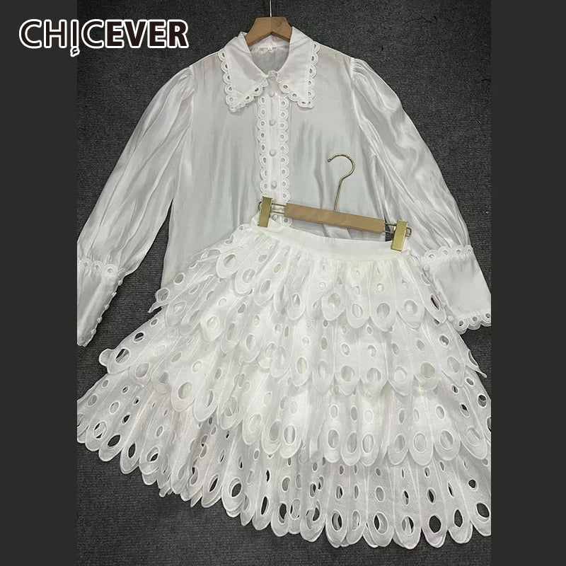 Maxy Solid Hollow Out Skirt Suit for Women Lapel Long Sleeve Shirt High Waist A Line Skirts Elegant Outfits Female Clothing