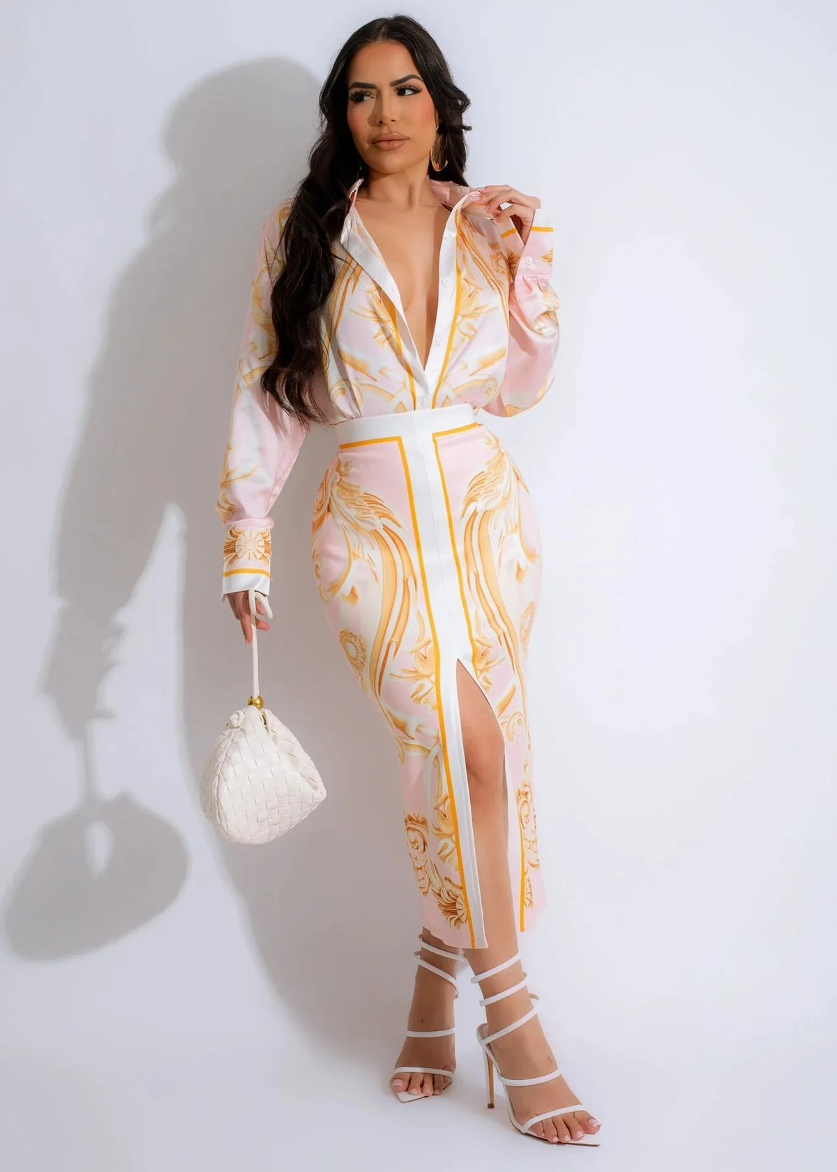 Maxy Elegant Ladies New Midi Skirt Set Women Dress Fashion Print Long Sleeve Shirt Blouses Skirt Holiday Commuting Two Piece Suit