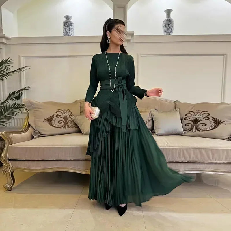 Amay Pleated Irregular Lantern 2 Piece Set Skirt + Long Swing Dress Set Autumn Solid Long Sleeved Lace Up Design Two Piece Set
