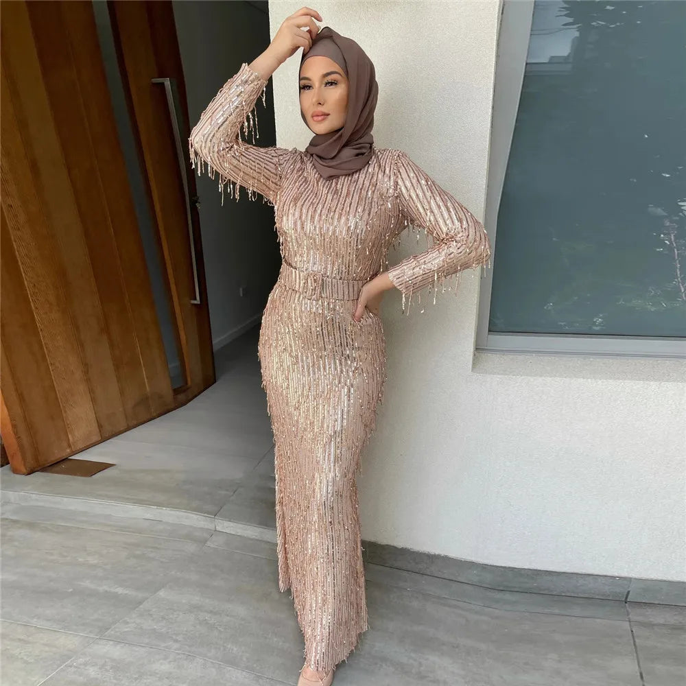 Maxy Modest Muslim Women Abaya Sequins Beads Bodycon Long Dress Turkey Arab Kaftan Islam Evening Party Gown