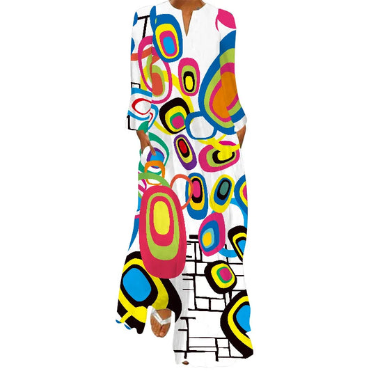 Maxy Casual Print Dress for Women Autumn New Printed V-neck Robe Vestidos Ladies Fashions Elegant Loose Long Dresses Vestidos