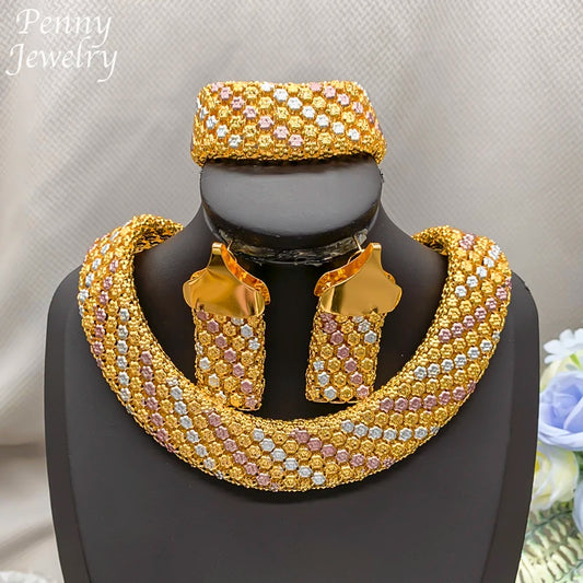 Trendy African Jewelry Set for Women Chunky Necklace Earrings Bracelet Dubai 18K Gold Plated Fashion Jewellery for Party Wedding