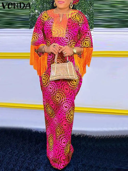 Amay Plus Size 5XL VONDA Women Bohemian Maxy Dress Fashion Printed 3/4 Sleeve Sundress Casual V-Neck Loose Vintage dress