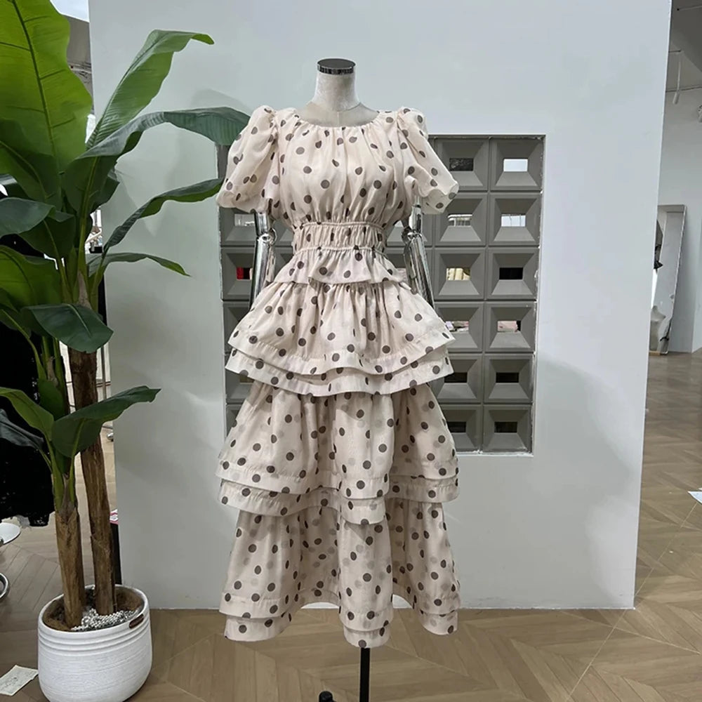 Maxy Polka Dot Two Piece Set for Women O Neck Short Sleeve Top High Waist Temperament Skirt Sets Female