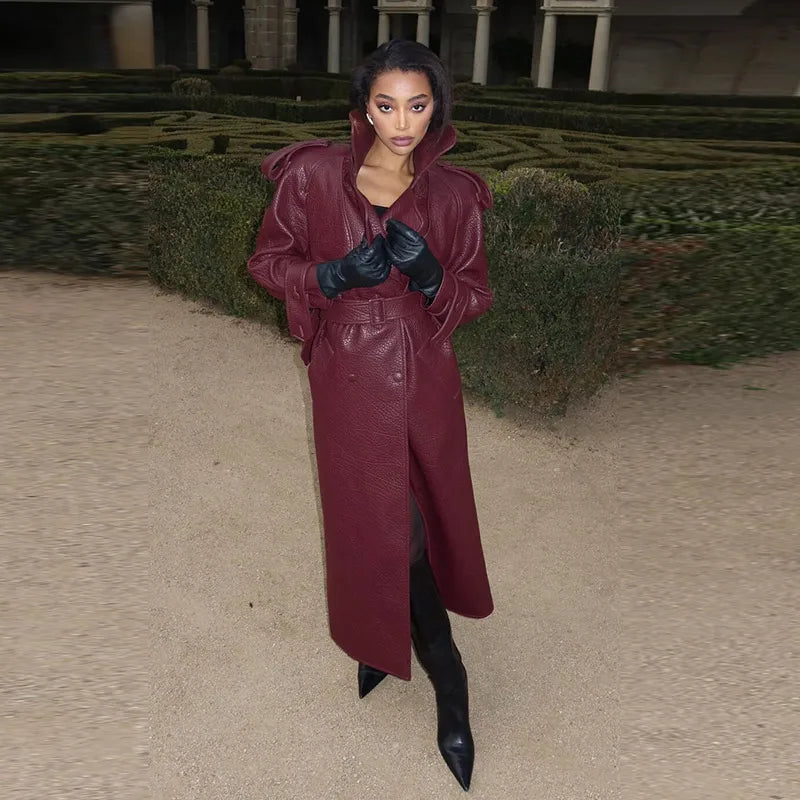Maxy Retro PU Leather Long Jackets With Belt Women Casual Solid Single Breasted Jacket Female Spring Autumn High Street Outwears