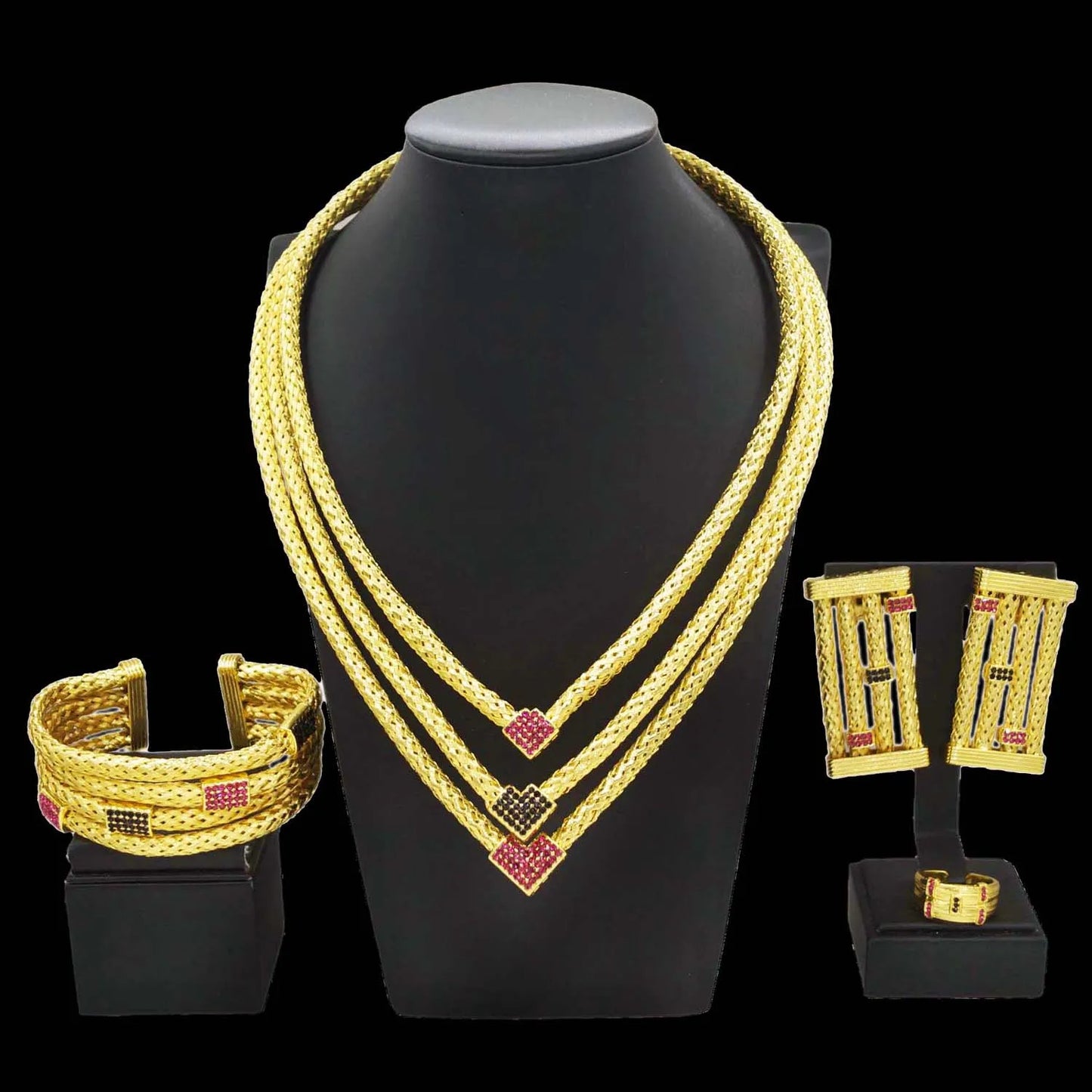 Amay new unique design jewelry set Italian gold plated three-layer copper ring advanced bride wedding necklac