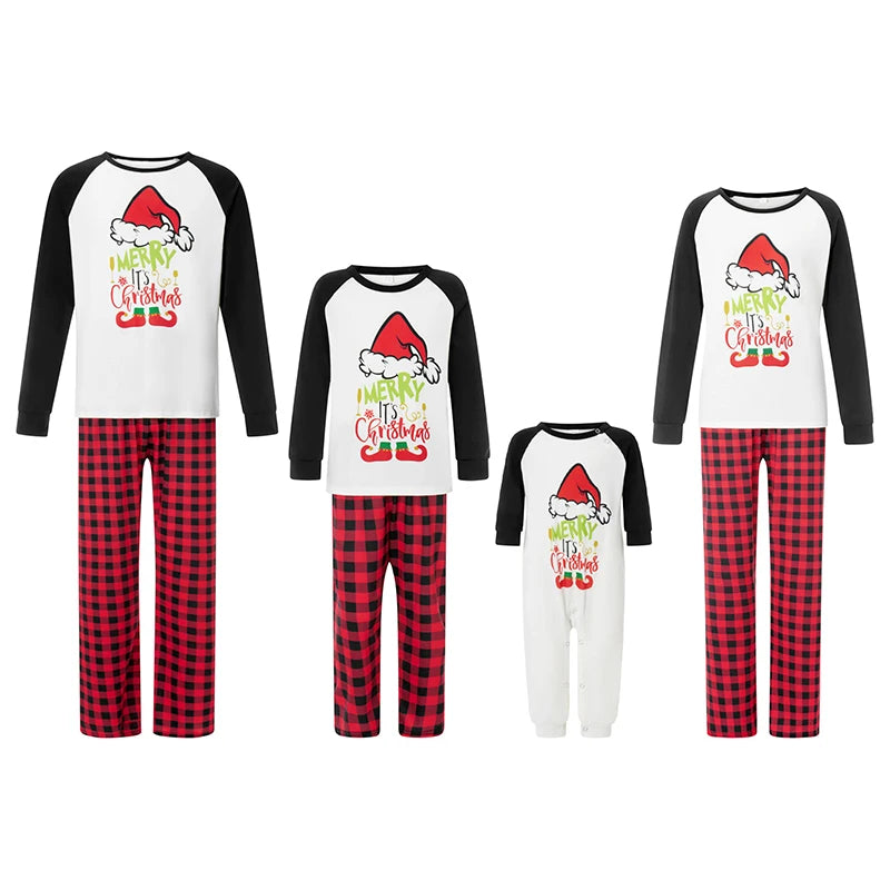 Family Matching Christmas Pajamas Outfits Cartoon Hat Letter Print Long-Sleeved Tops+Plaid Pattern Trousers Sleepwear Nightwear