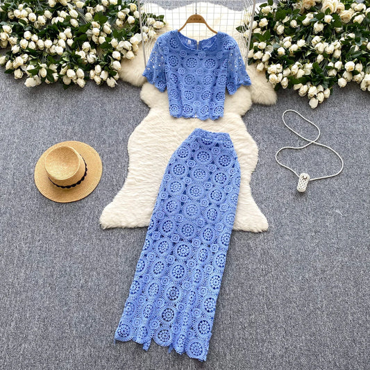 Maxy Sexy Chic Hook flower hollow lace Elegant Korean Fashion Slim Summer vintage Beach dress women clothing