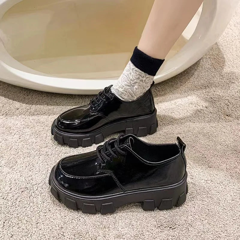 Maxy Women's British Style Leather Shoes Spring Autumn Platform Slip-on Loafers Fashion Lace Up Round Head Comfort High Heels