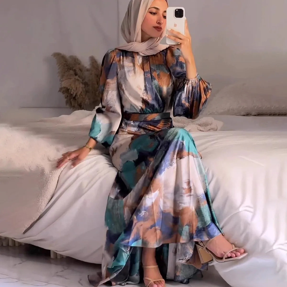 Maxy Women Exotic Floral Printed Muslim Dress Long Skirt with Pleated Waist Spring Fashion Long Sleeve Casual Abayas Dubai Turkey