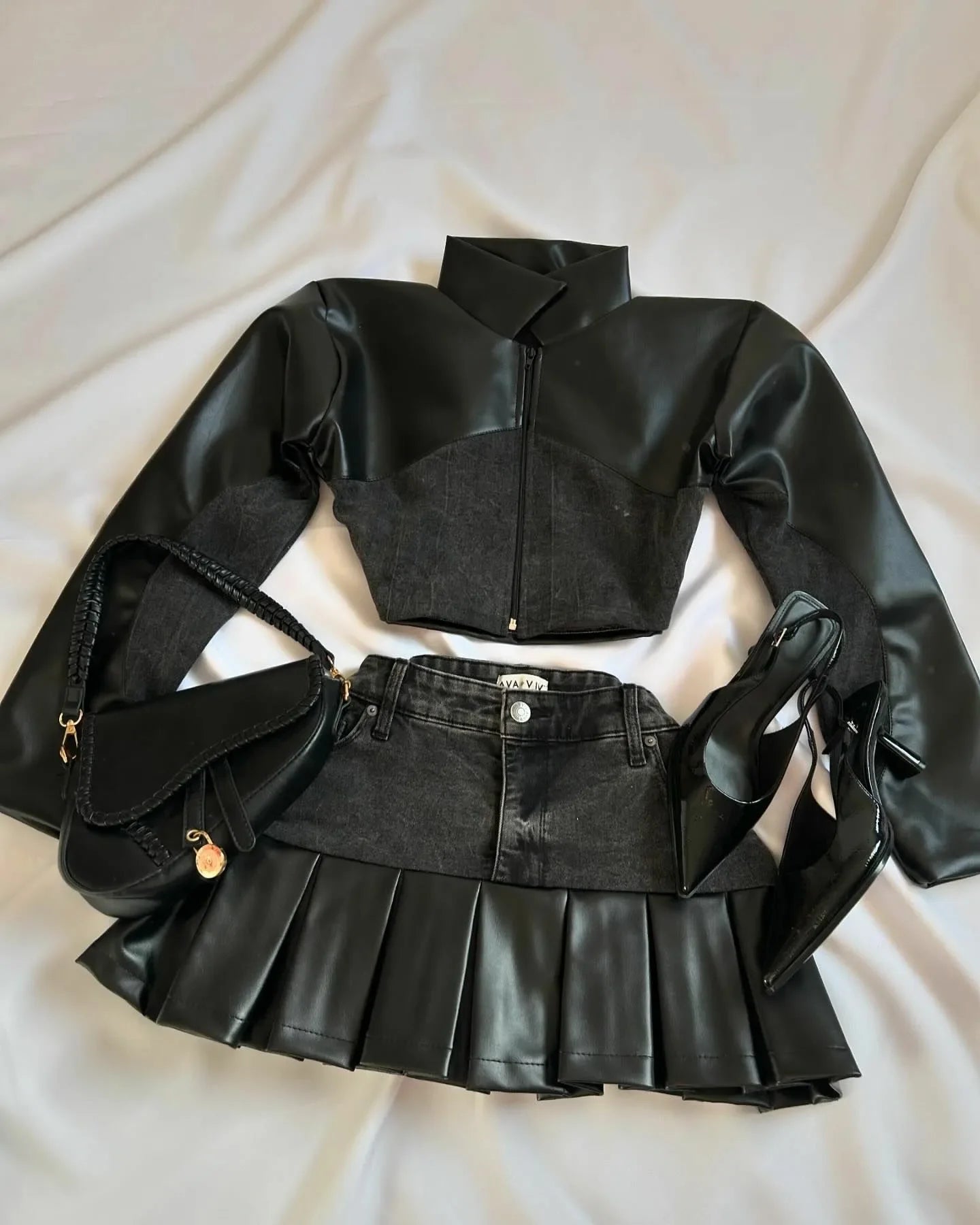 Maxy Two Piece Sets Women Outfits Y2K Pu Leather Spliced Denim Black Skirt Sets New Harajuku Gothic Sexy Zipper Jacket Mini Skirt