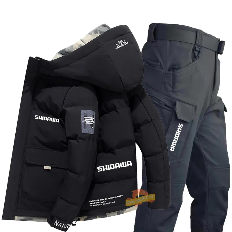 Maxy New Fishing Suit Men Winter Down Clothing Windproof and Coldproof Mountain Climbing Jacket + Waterproof Warm Pants Two-piece Set