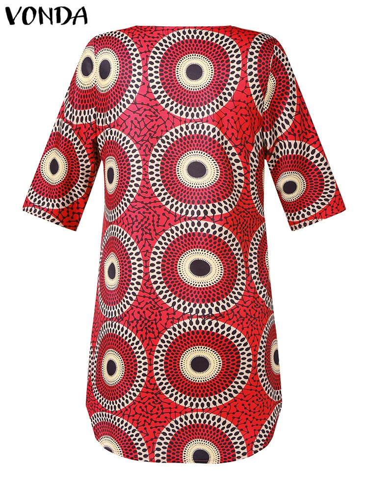 Amay Plus Size 5XL Women Blouse V-Neck Vintage Printed Shirts Elegant 3/4 Sleeve Casual Loose Tops Blusas Oversized