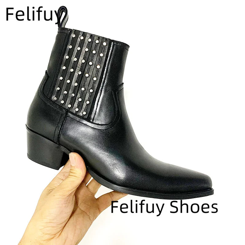 Maxy Studded Chelsea Boots Men Black Ankle Boots Luxury Designer Real Leather Men Booties Handmade Luxury Botas Thigh High Boots