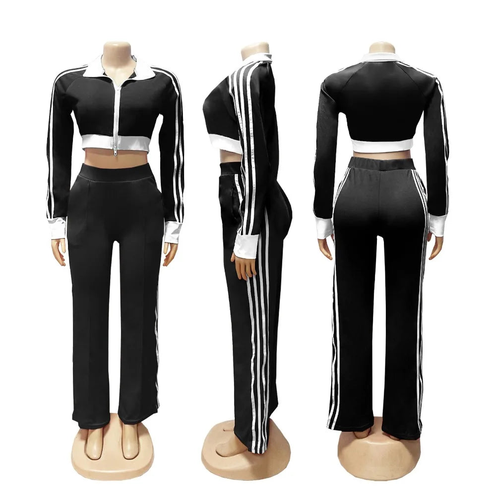 Maxy HLJ Autumn New Patchwork Sporty Two Piece Sets Women Zipper Long Sleeve Crop Top And Pants Outfits Fashion Stripe 2pcs Tracksuit