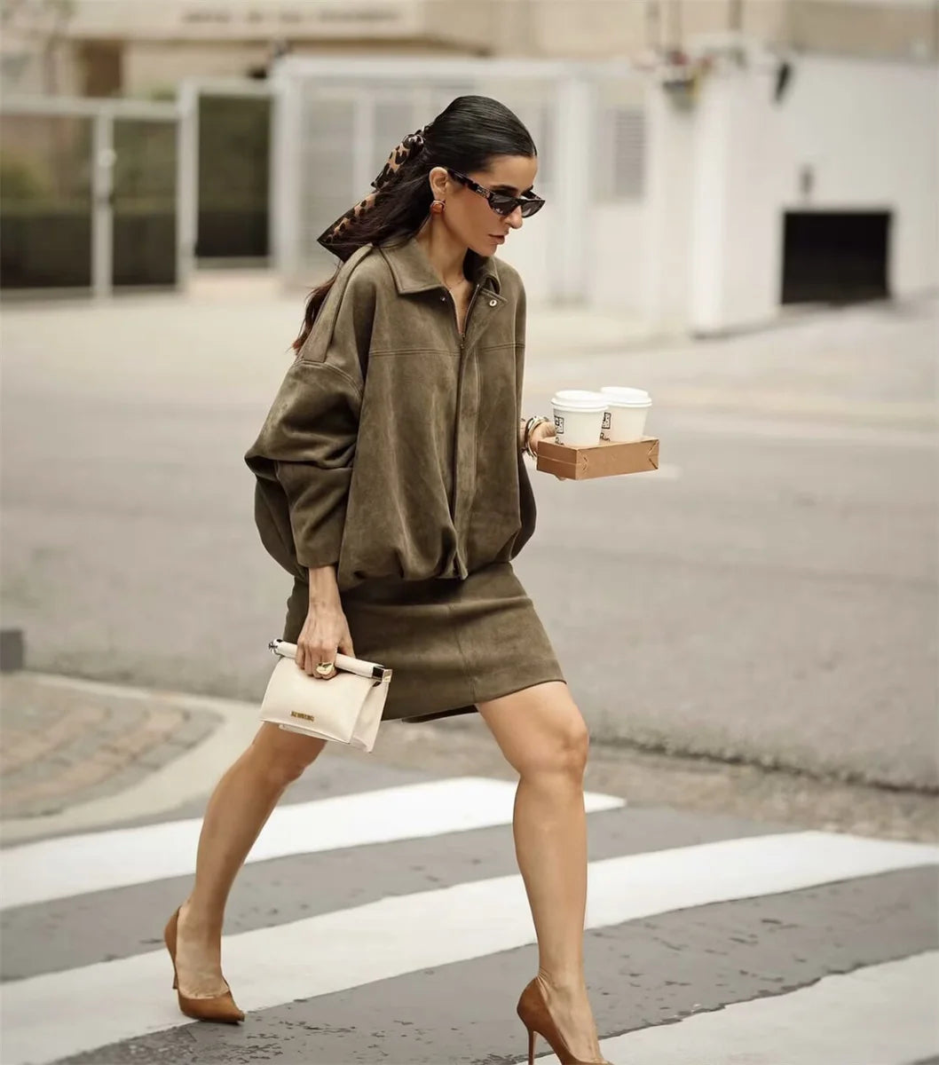 Maxy Women's Army Elegant Bomber Jackets Coats Fashion Turn-down Collar Long Sleeve Loose Coats Vintage Female Outerwear Chic Tops