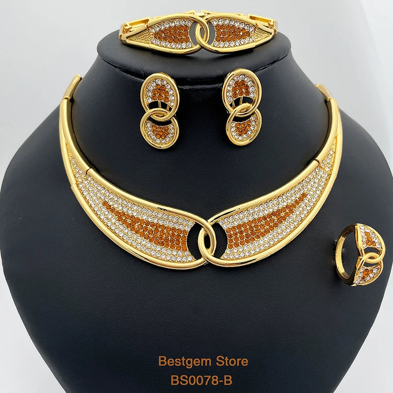 Vintage Dubai 18K Gold Plated Jewelry Sets Crescent Shape Necklace Earrings Ring Bracelet Women Set Jewelry For Wedding Party