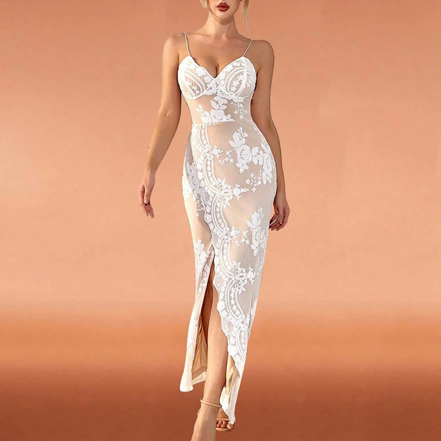 Babs Sequin Dress For Women Solid Color Spaghetti Strap Deep V Neck Side Slit Embroidery Dress Women Elegant Party Dresses