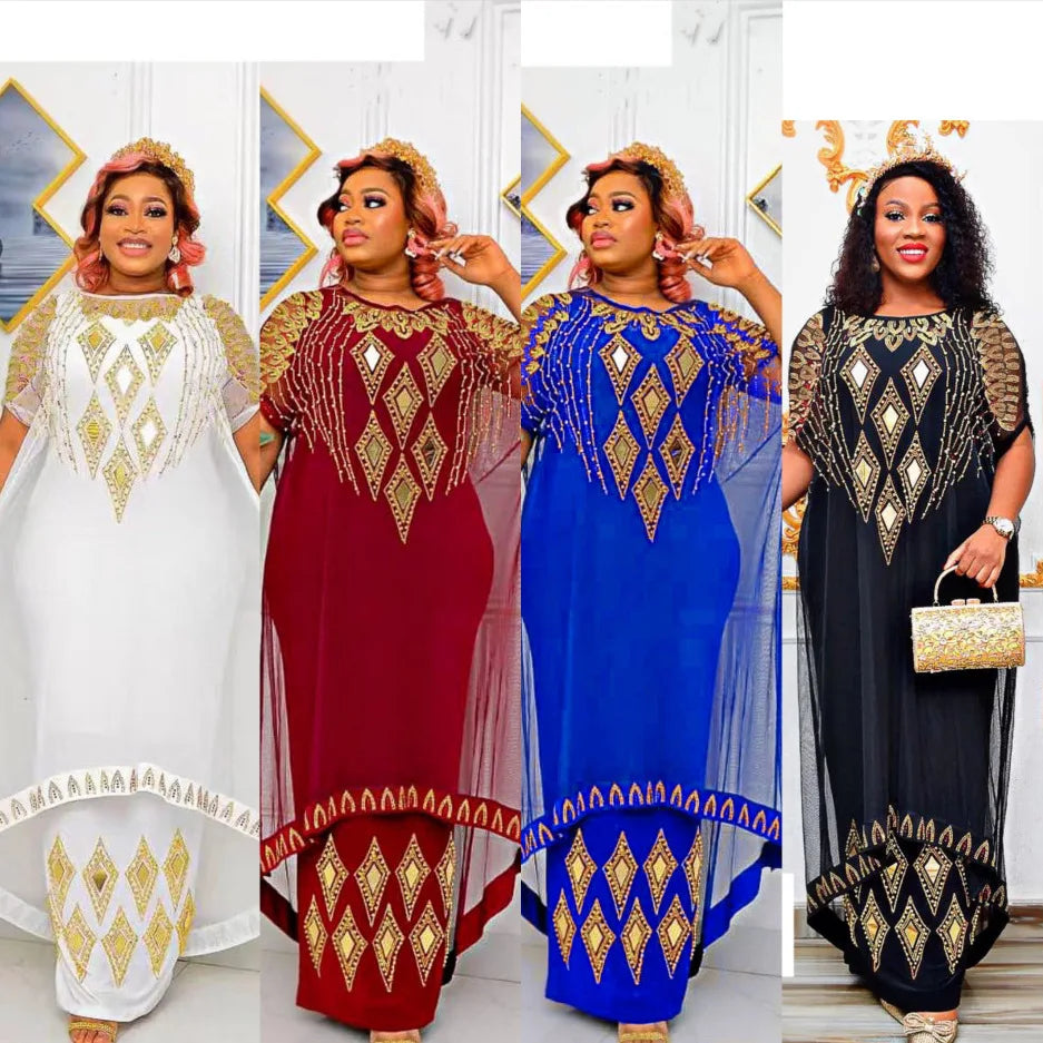 Maxy Two-Piece African Dresses for Women Traditional Nigeria Mesh Hot Drill Caftan Dress Abaya Musulman Robe Femme Clothes
