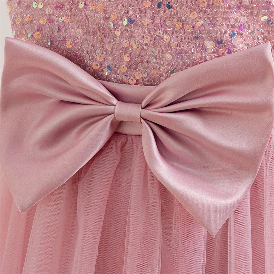 Maxy Girls Solid Sequin Mesh Bow Formal Evening Gown Kids Piano Performance Host Costume Children Wedding Elegant Princess Dress