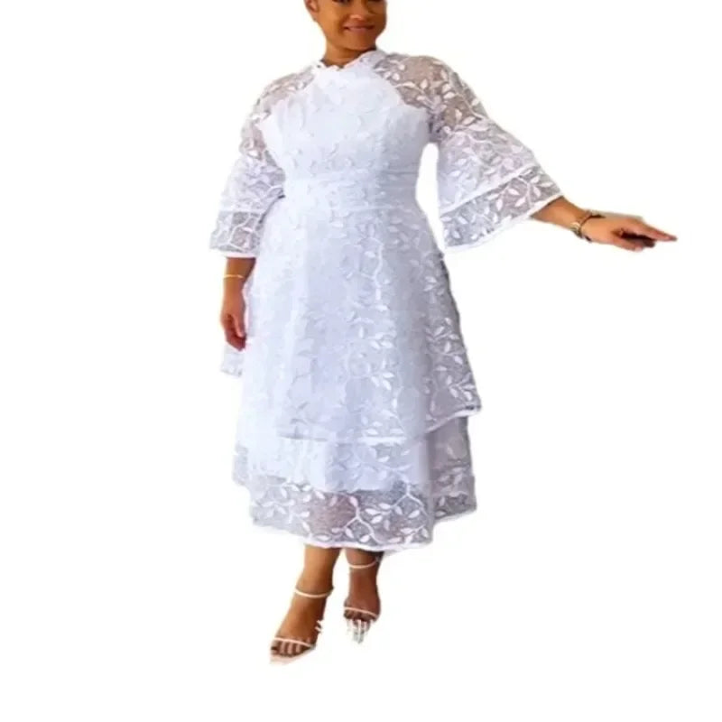 Amay Dashiki Clothing African Party Evening Dresses for Women Summer Elegant 2024 White Mesh High Waist 3/4 Sleeve Midi Dress