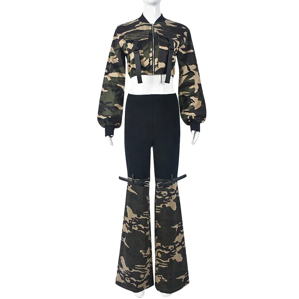 Two Piece Denim Set for Woman Streetwear Autumn 2024 New Long Sleeved with Exposed Waist Elastic Belt and Camouflage Pants Suit